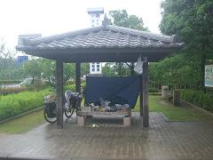 屋根はあったけどテントは張れなかったから、テントシートで吹き込む雨をブロック!…でも、蚊にかなり襲われた(>_<)